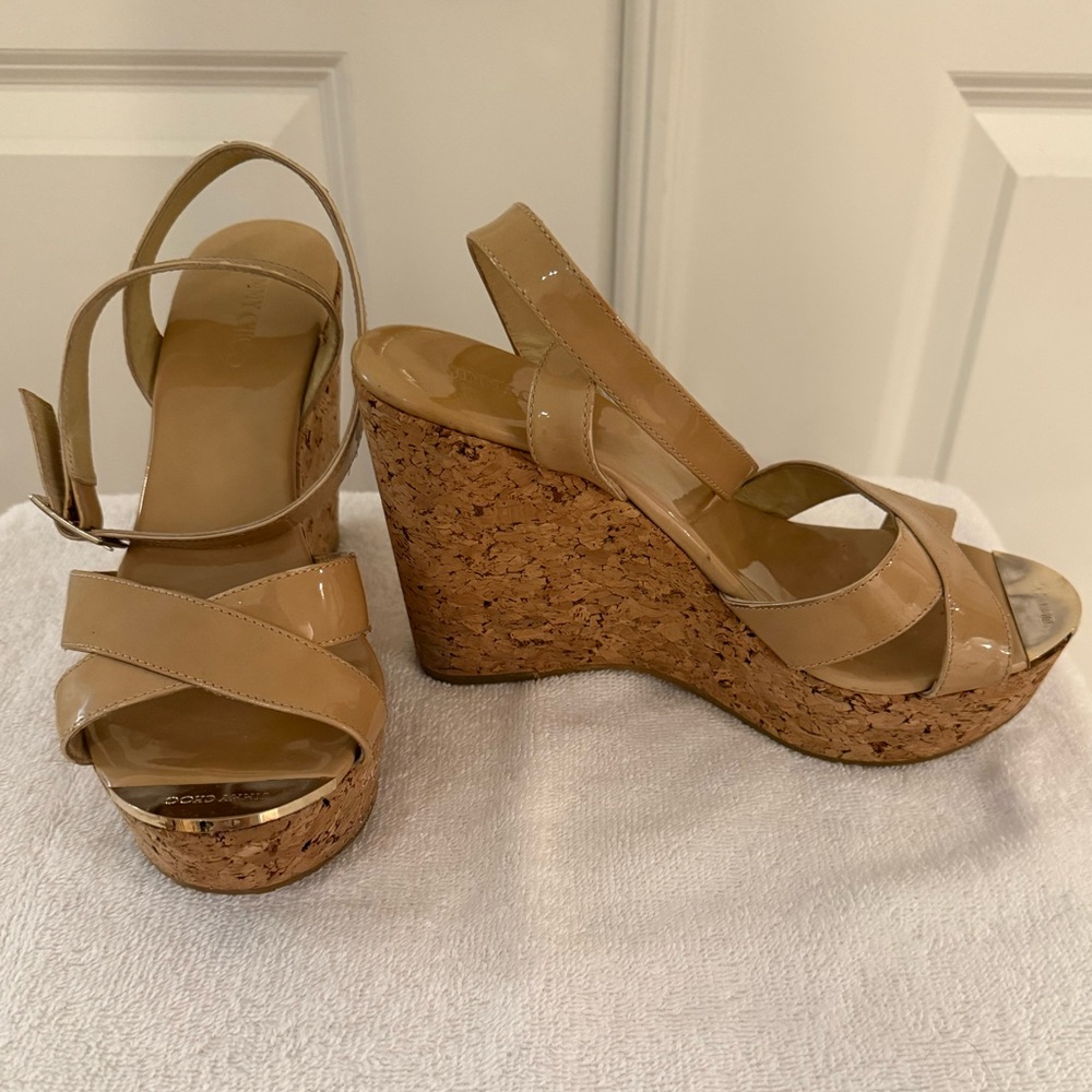 Jimmy Choo Tan Patent Cork Wedge Ankle Strap Sandals - Picture 3 of 7
